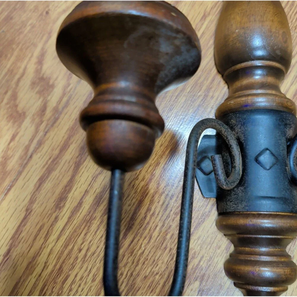 Vintage Brown Wood Black Metal Double Candle Wall Sconce Decor 17